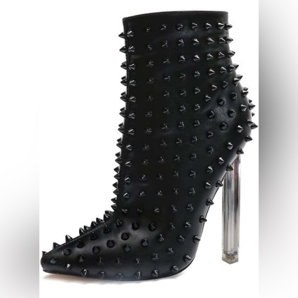 FSJ Black Studded Clear Heel Ankle Booties – Size 9.5